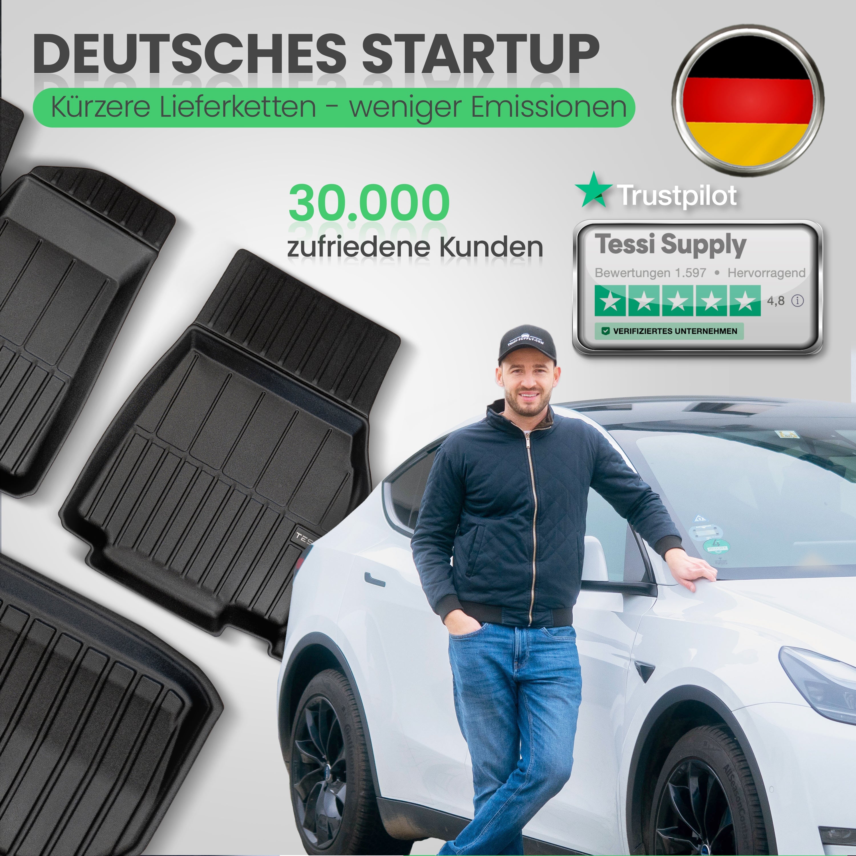 Tesla Model 3 Highland 6 -teiliges Gummimattenset Tessi® Greenline 75% Recycling Material